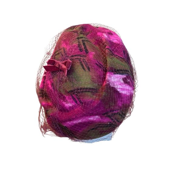Vintage 1960\'s Union Made USA Velvet Cocktail Pillbox Hat Veil Magenta Green